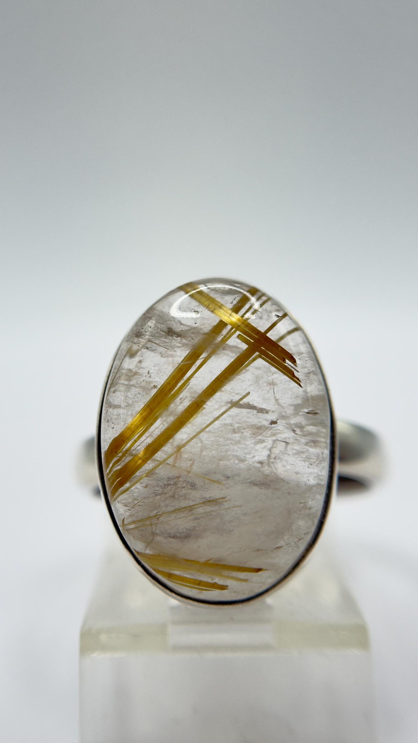 Golden Rutilated Quartz Ring – Large Oval Rutile Crystal Statement Ring - Size 8