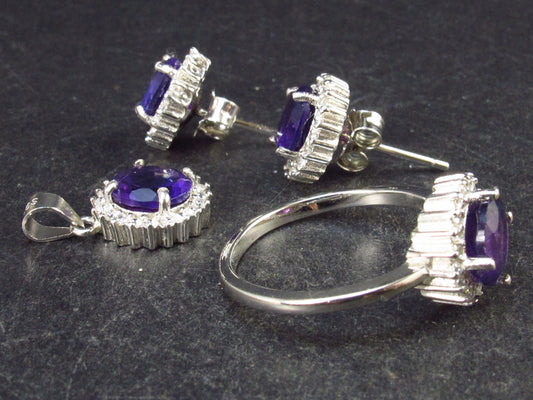 Amethyst Faceted Sterling Silver Earring Ring Pendant Set - 6.3 Grams