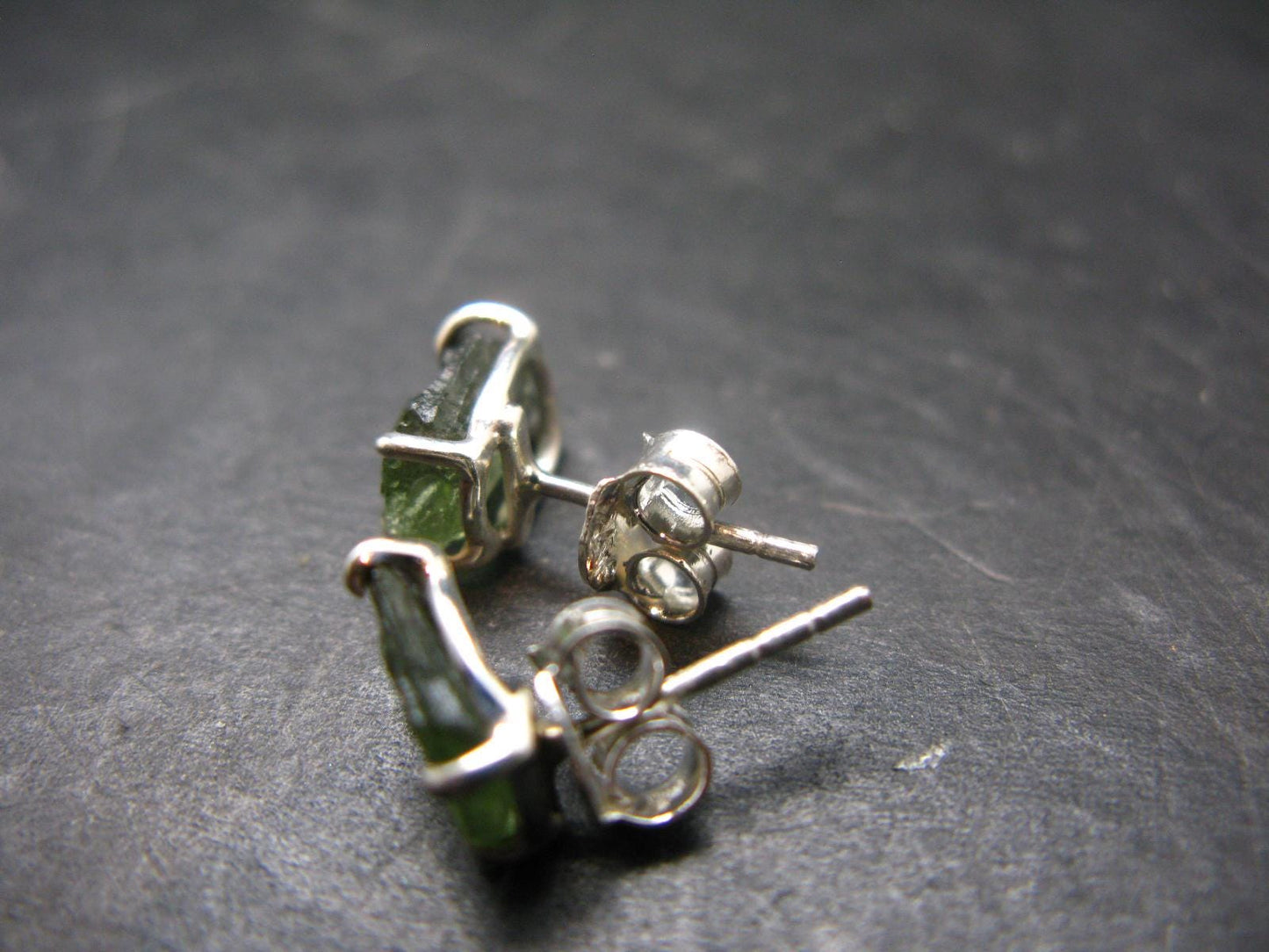Natural Moldavite Tektite Raw Stud Earrings In Sterling Silver From Czech Republic - 1.64 Grams