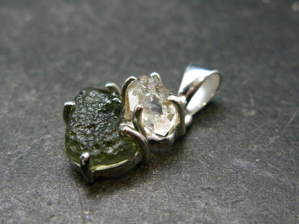 Moldavite & Herkimer Diamond Silver Pendant - 1.0" - 2.49 Grams
