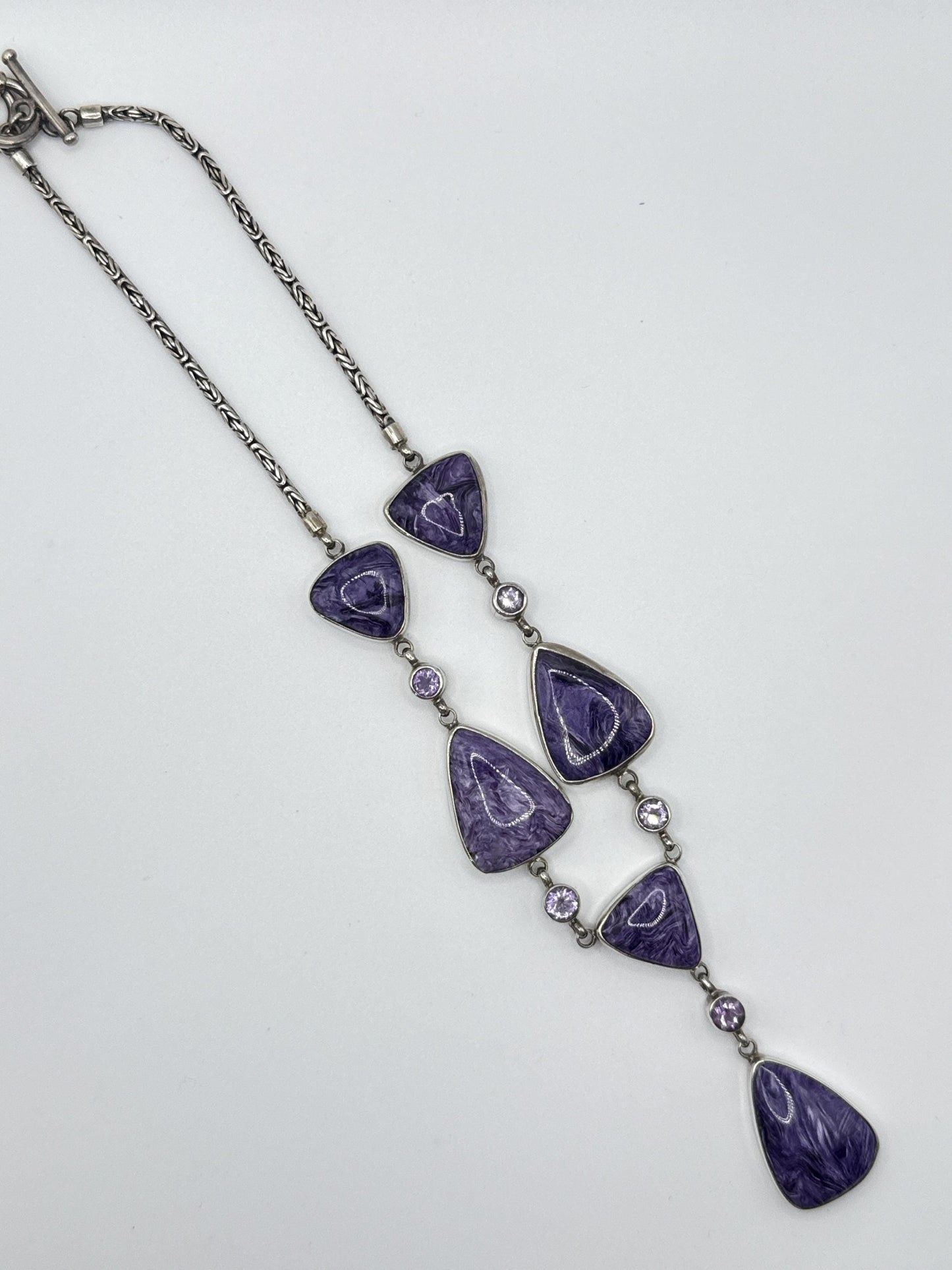 Charoite & Amethyst Drop Necklace – Sterling Silver - 52.57 Grams