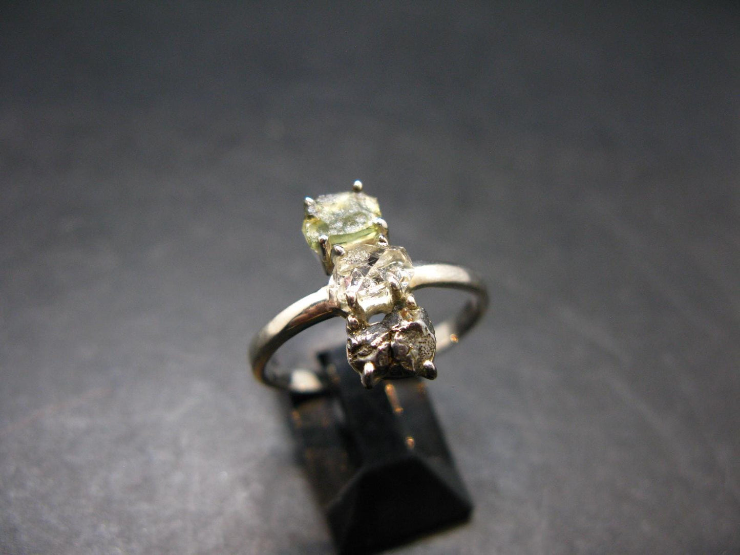 Moldavite Herkimer Meteorite Sterling Silver Ring From Czech Republic - Size 9 - 2.67 Grams