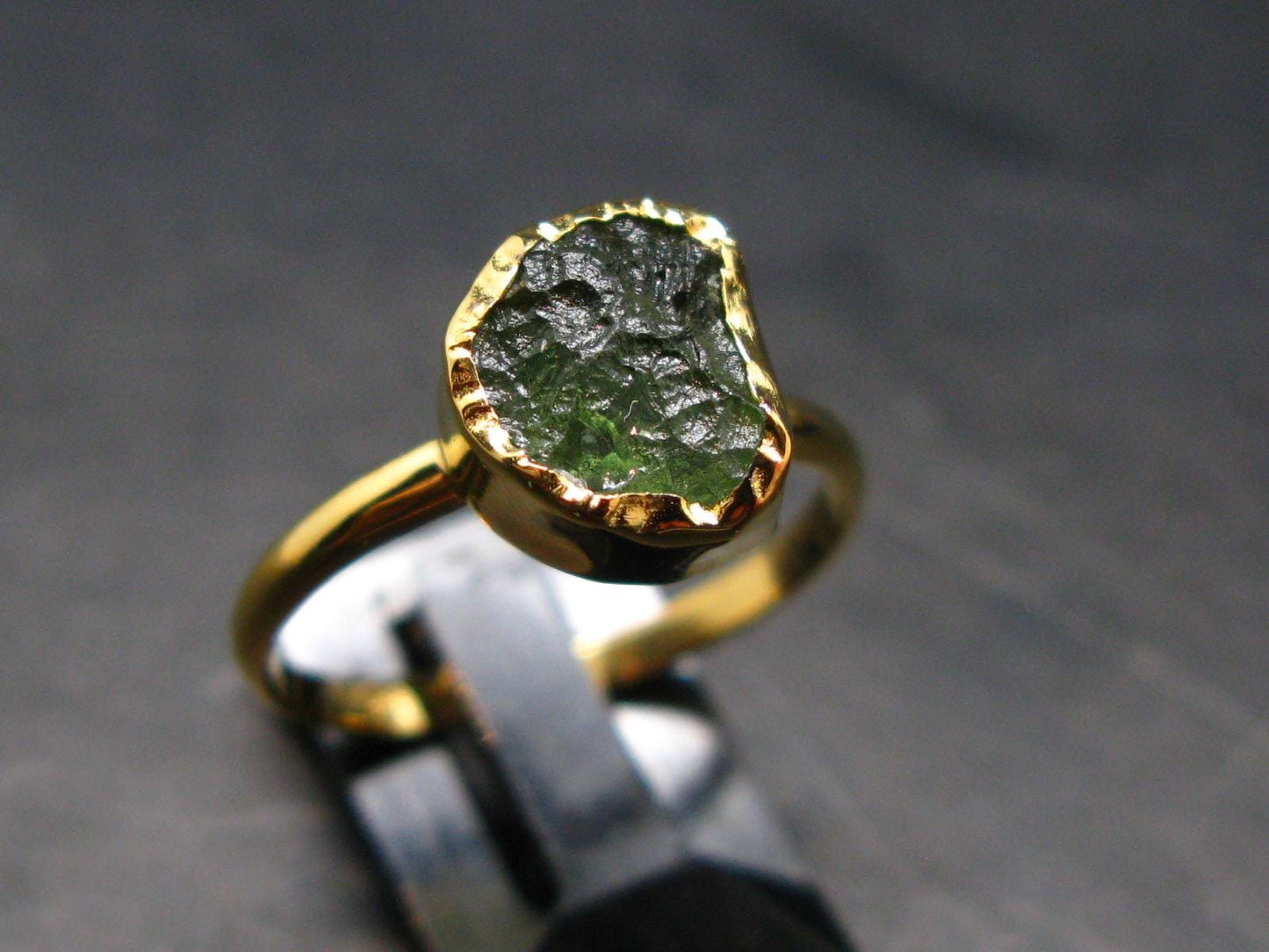 Moldavite Gold Plated Silver Ring - Size 9 - 2.10 Grams