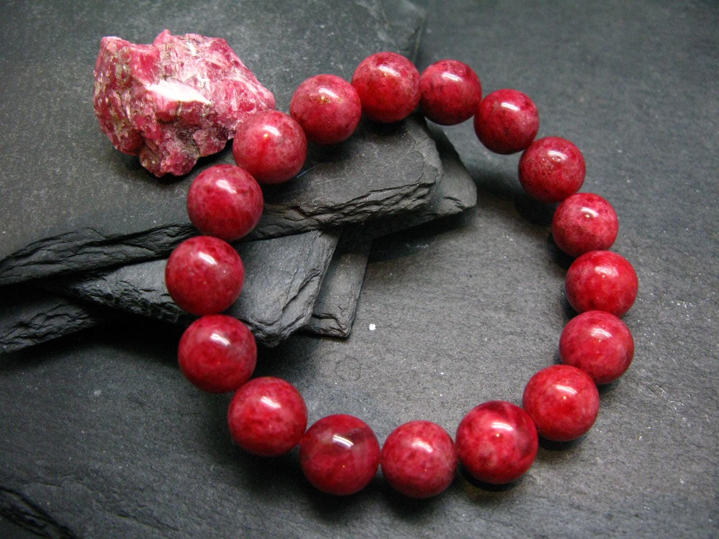 Rhodonite Gem Genuine Bracelet ~ 7 Inches ~ 12mm Round Beads