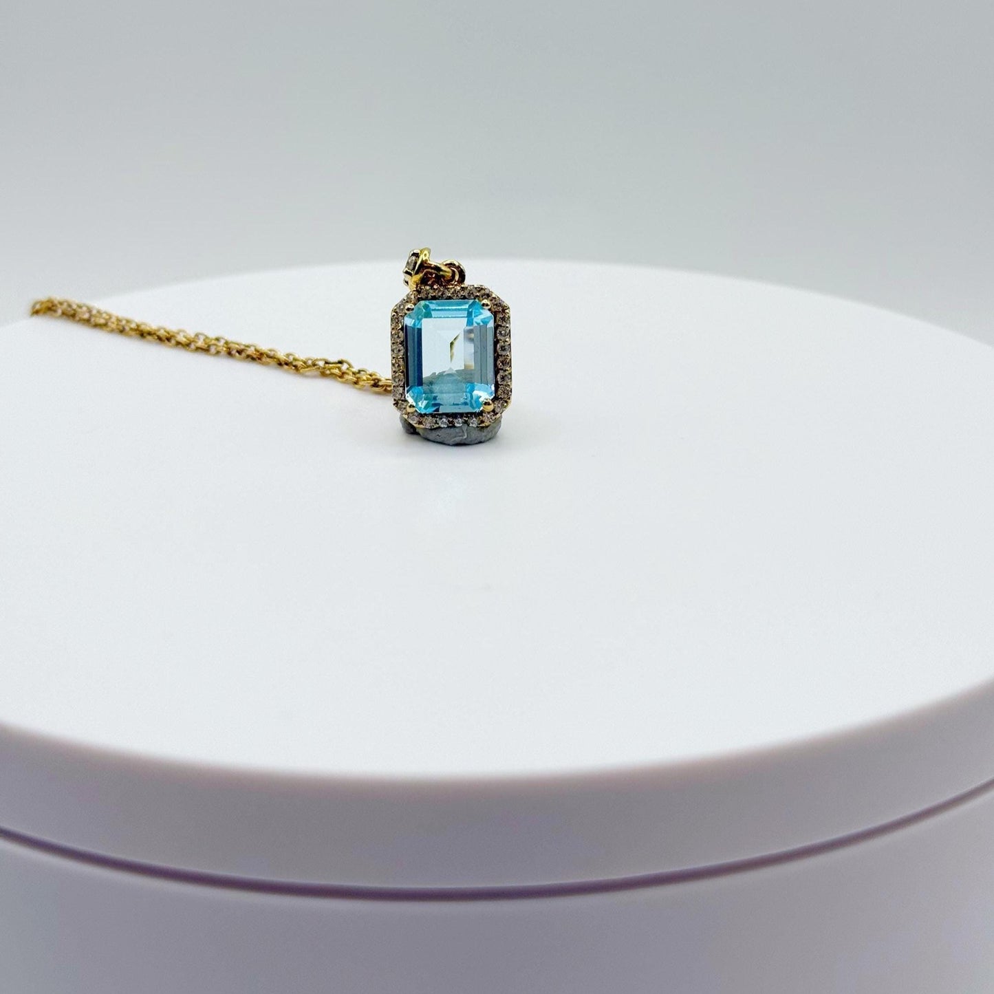 Swiss Blue Topaz Pendant Necklace – Gold Plated Emerald Cut – November Birthstone Gift - 5.78 Grams