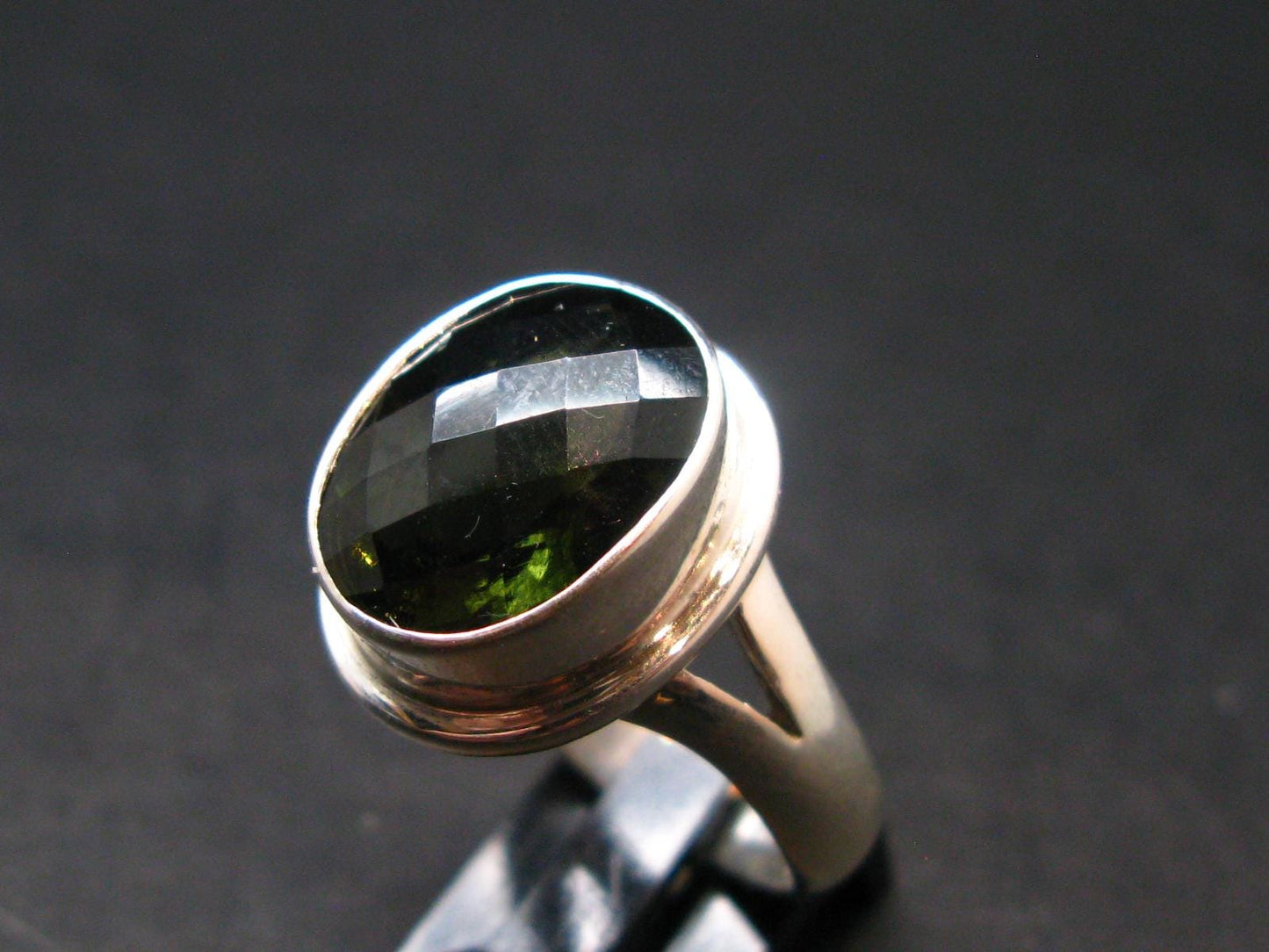 Moldavite Tektite Facetted Silver Ring from Czech Republic - Size 10 - 9.0 Grams