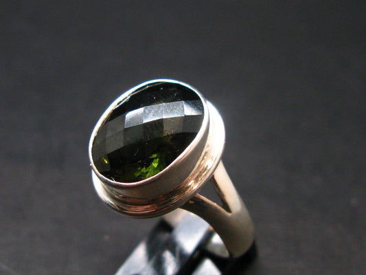 Moldavite Tektite Facetted Silver Ring from Czech Republic - Size 10 - 9.0 Grams