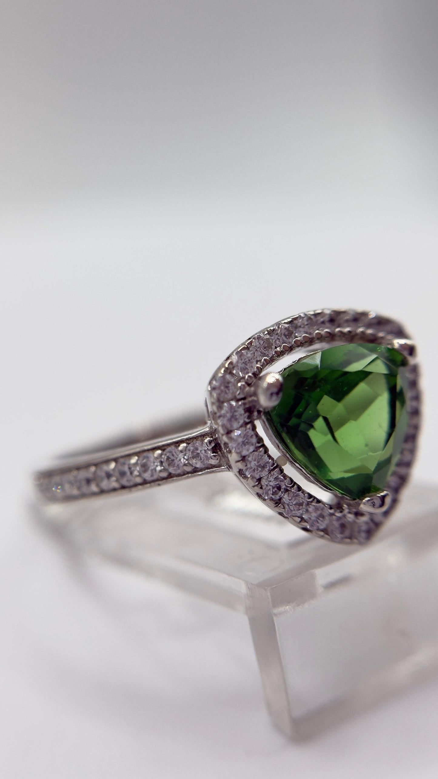 Green Helenite Trillion Halo Ring – Sterling Silver Gemstone Statement Ring