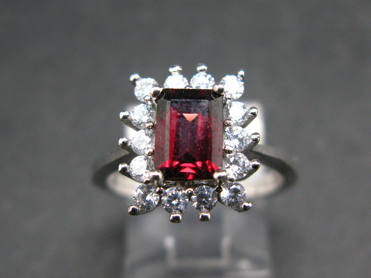 Natural Rectangular Faceted Red Garnet Rhodium Plated Sterling Silver Ring with CZ - Size 6.5