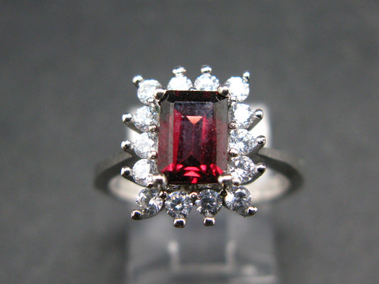 Natural Rectangular Faceted Red Garnet Rhodium Plated Sterling Silver Ring with CZ - Size 6.5