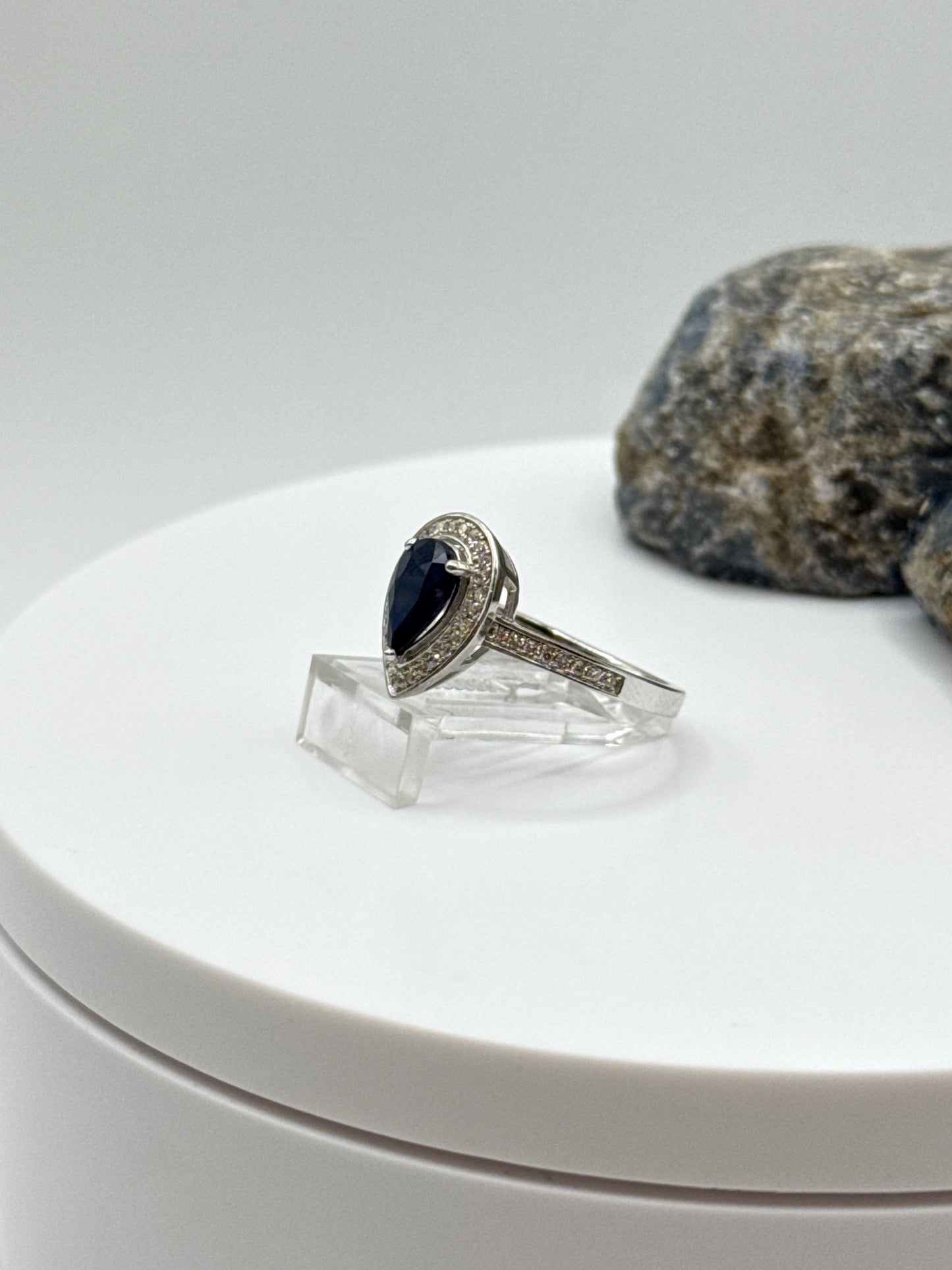 Pear Sapphire Halo Ring | Sterling Silver, September Birthstone (Size 7.5)