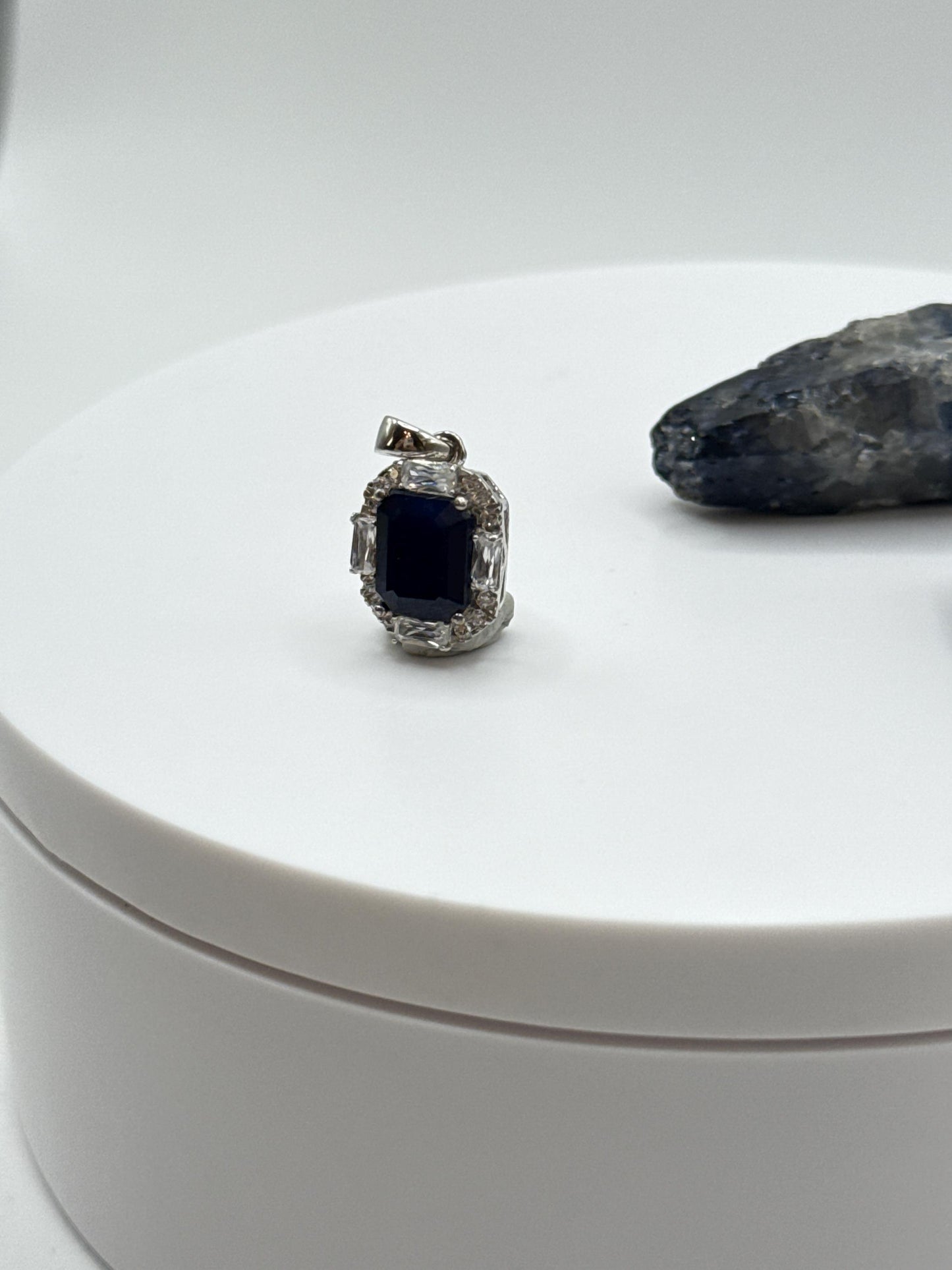 Emerald Cut Sapphire Pendant | Sterling Silver Halo Necklace