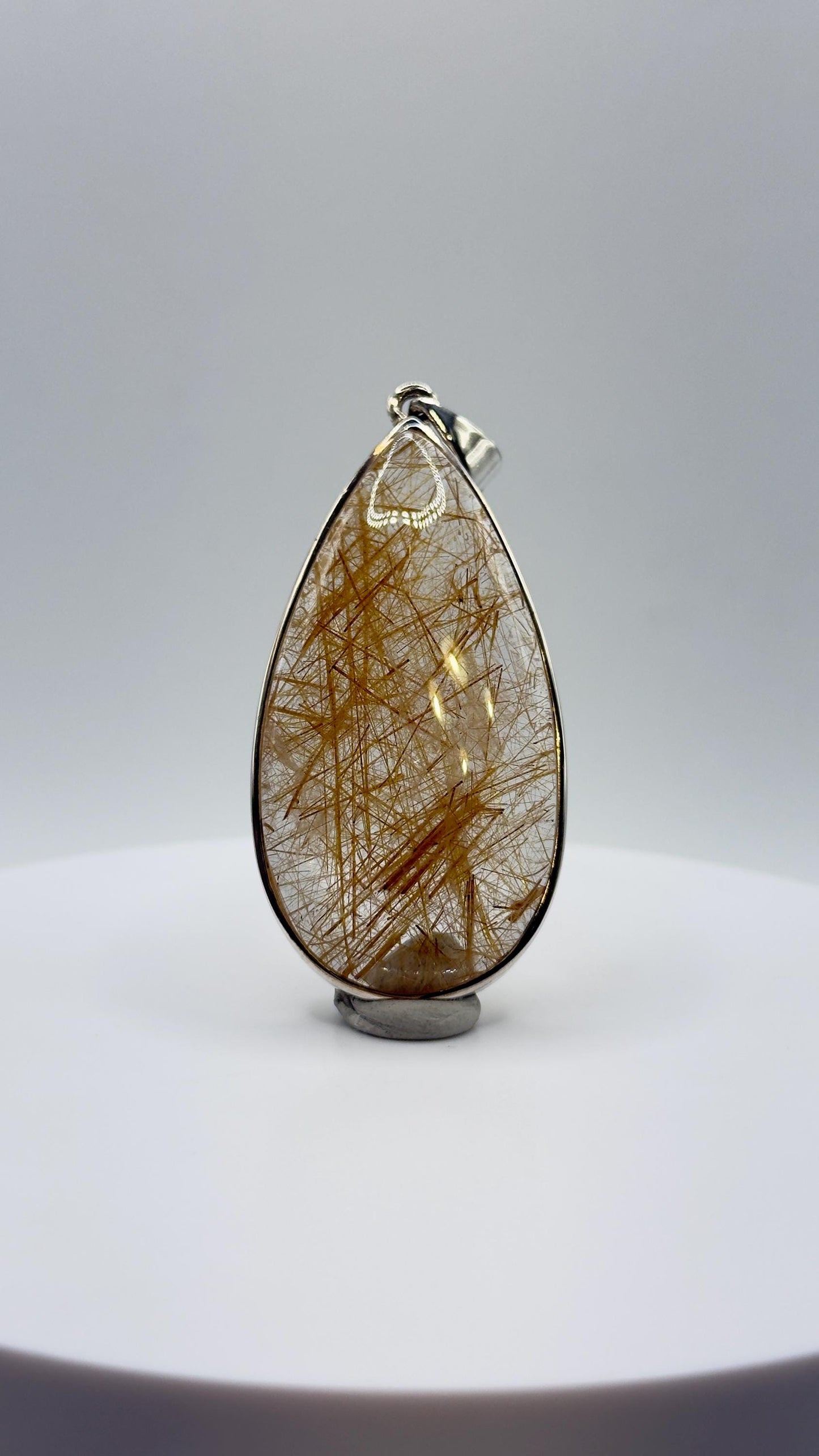 Golden Needle Quartz Teardrop Pendant – Natural Crystal Sterling Silver Jewelry