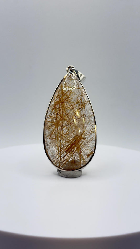 Golden Needle Quartz Teardrop Pendant – Natural Crystal Sterling Silver Jewelry