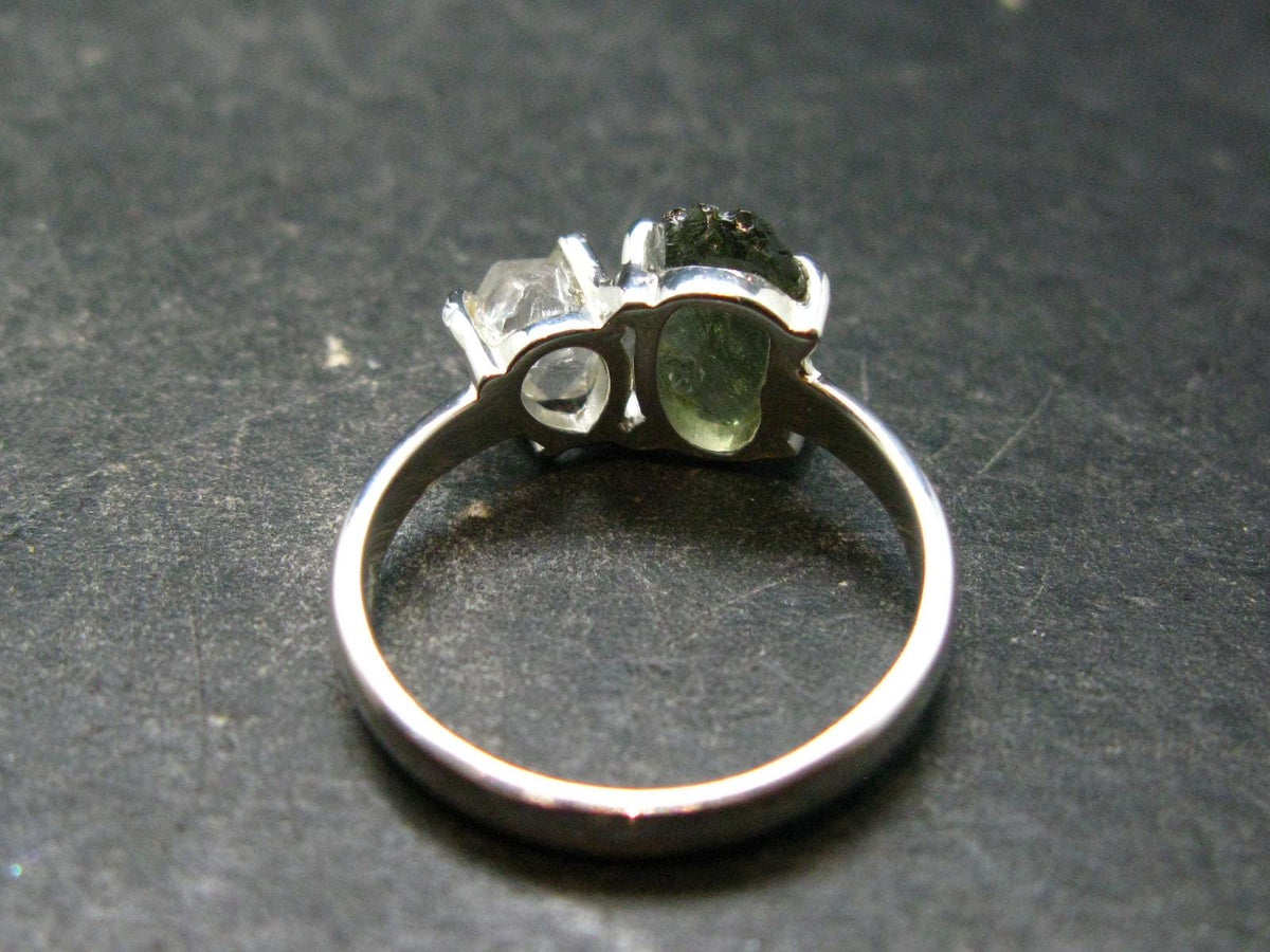 Moldavite Tektite and Herkimer Diamond Silver Ring - Size 8 - 2.80 Grams