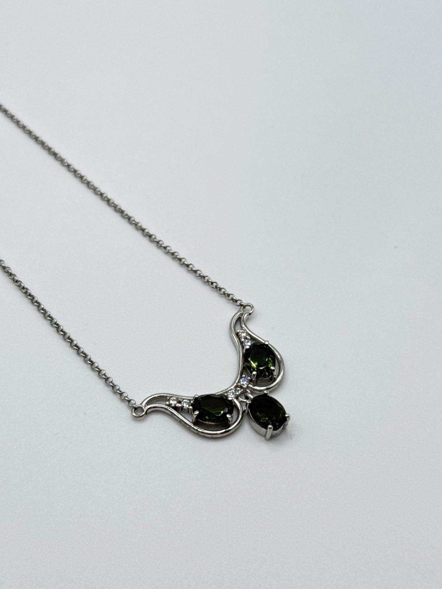Sterling Silver Moldavite Necklace – Triple Oval-Cut Gemstones - 6.28 Grams