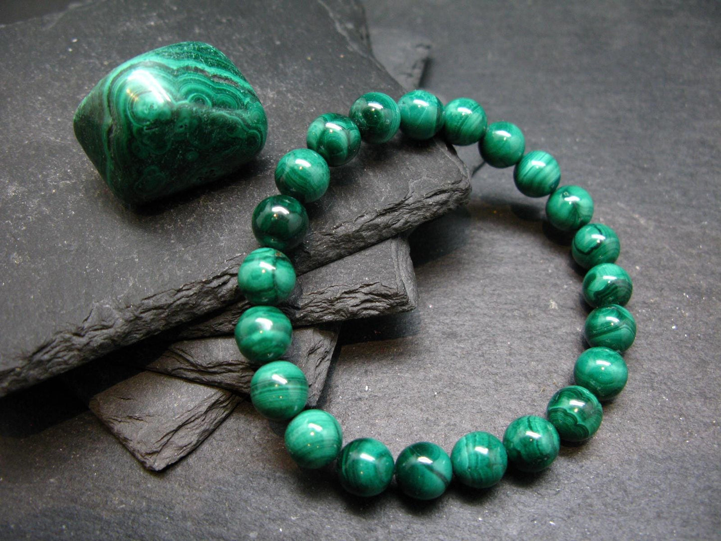 Malachite Genuine Bracelet ~ 7 Inches ~ 8mm Round Beads