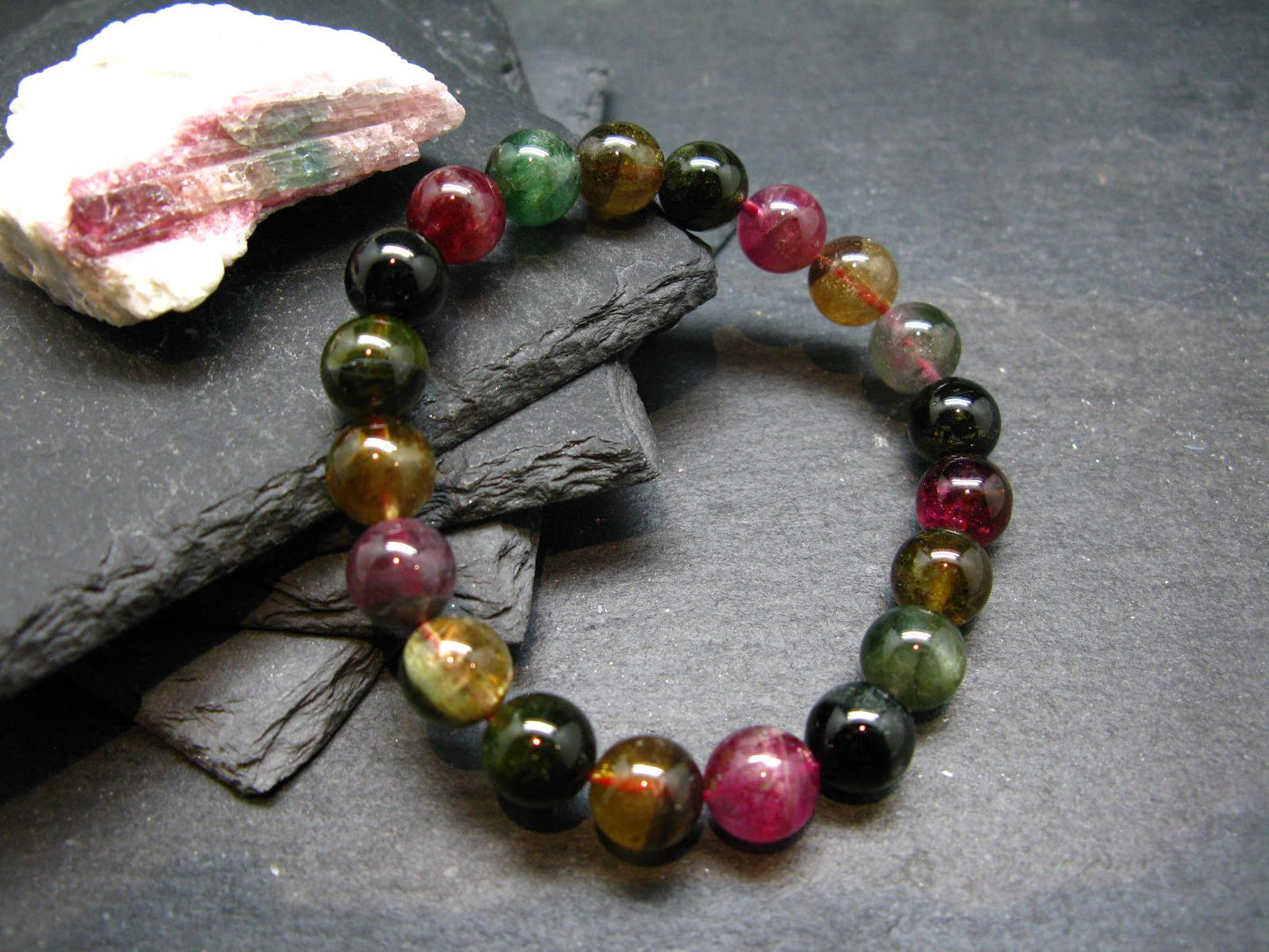 AAA Grade Gem Watermelon Bicolor Tourmaline Genuine Bracelet ~ 7 Inches ~ 10mm Round Beads