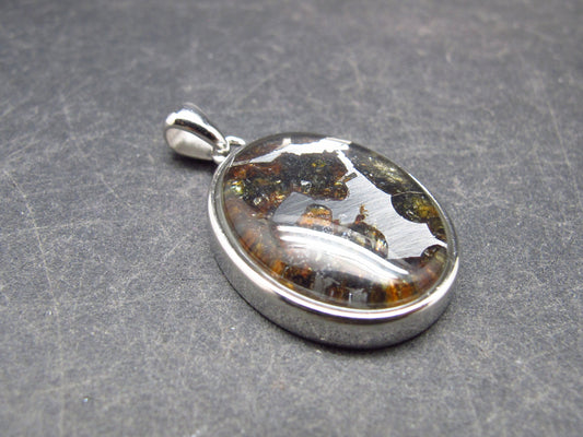 Rare Brahin Meteorite Slice With Olivine Pallasite Silver Pendant from Belarus - 1.2" - 5.08 Grams