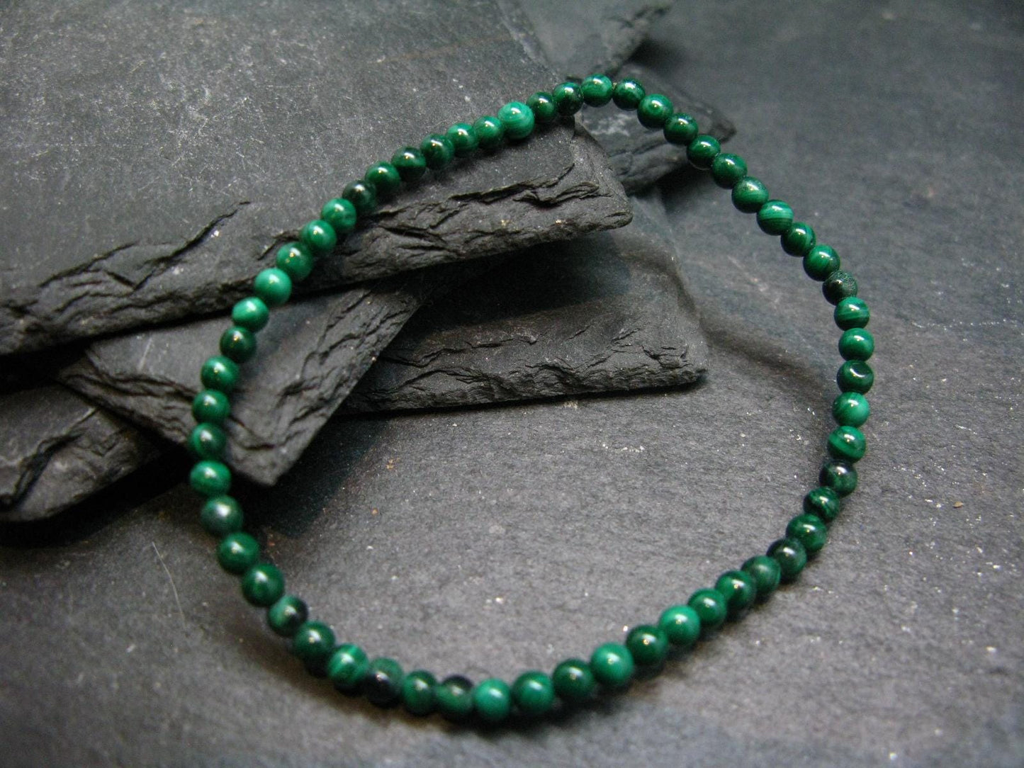 Malachite Genuine Bracelet ~ 7 Inches ~ 4mm Round Beads