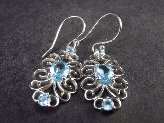 Faceted Natural Sky Blue Topaz Dangle 925 Silver Earrings from Brazil - 1.4" - 3.44 Grams