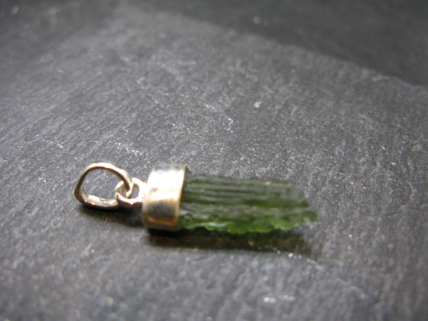 Gem Moldavite Tektite SS Pendant From Czech Republic - 1.2" - 1.8 Grams