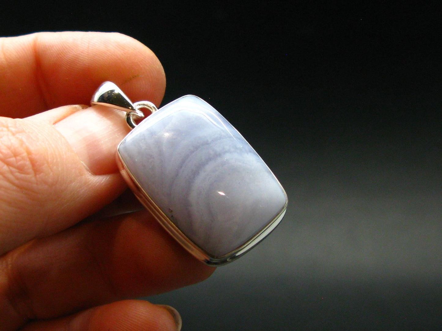 Rare Blue Lace Holly Chalcedony Agate Silver Plated Pendant From Malawi - 1.4" - 7.64 Grams