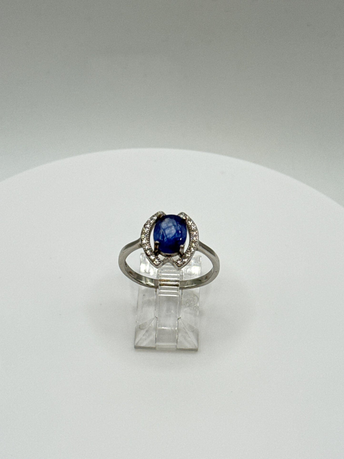 Blue Sapphire Halo Ring: Sterling Silver Statement Jewelry, Size 8.5