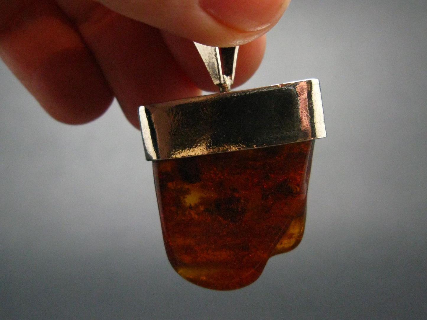 Natural Cognac Baltic Amber 925 Silver Pendant - 1.6"