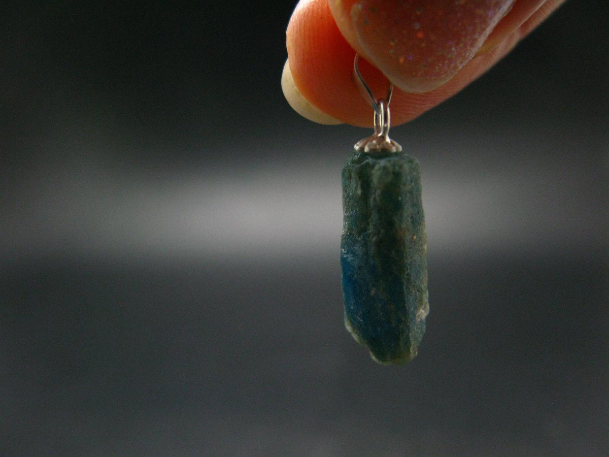 Unpolished Terminated Neon Blue Apatite Silver Pendant From Brazil - 1.0" - 1.97 Grams