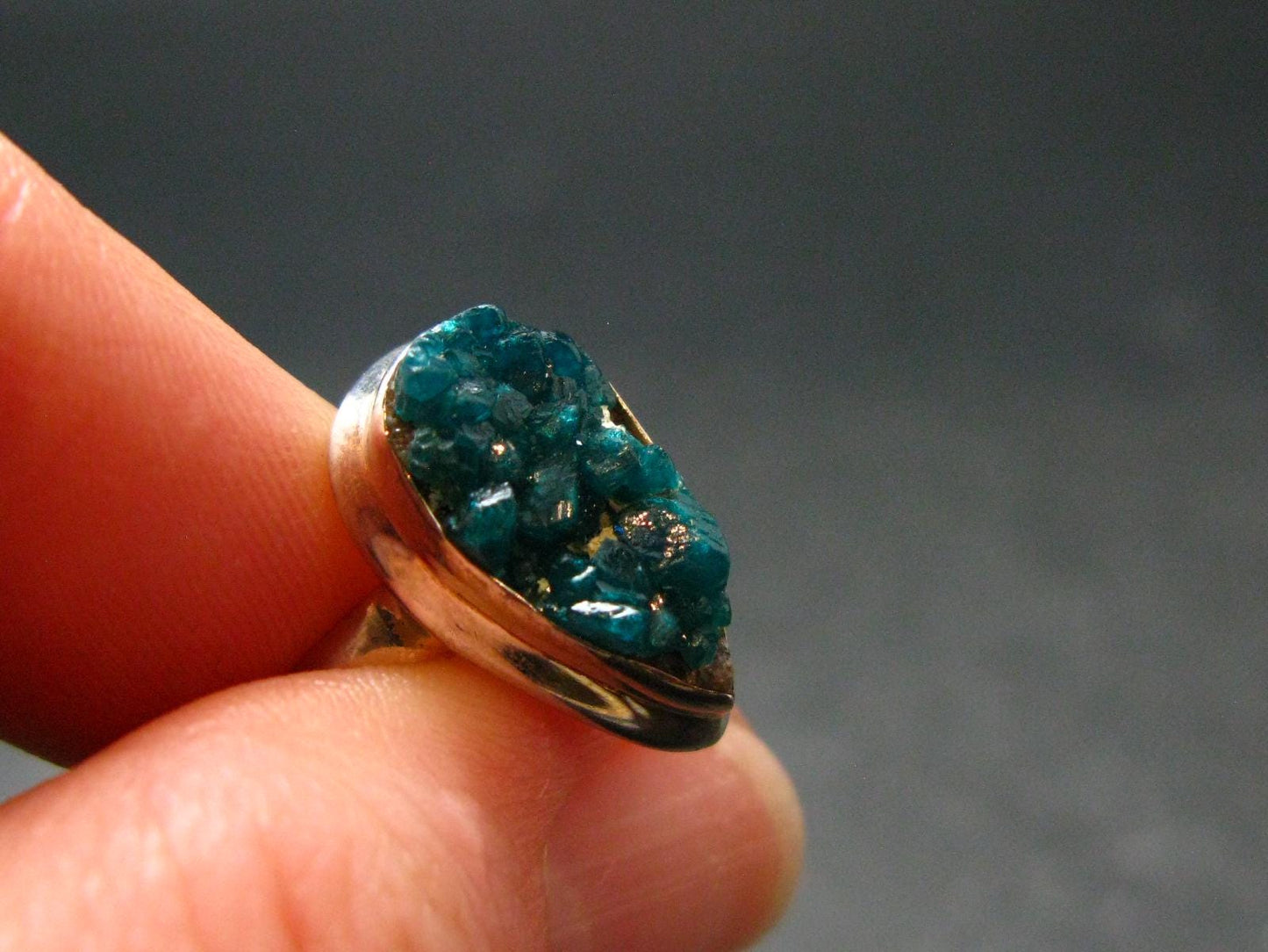 Emerald Green Dioptase Crystal Silver Ring from Congo - 4.53 Grams - Size 7