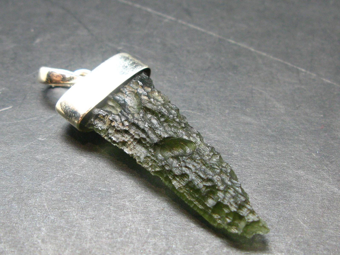 Gem Moldavite Tektite SS Pendant From Czech Republic - 2.1" - 5.8 Grams