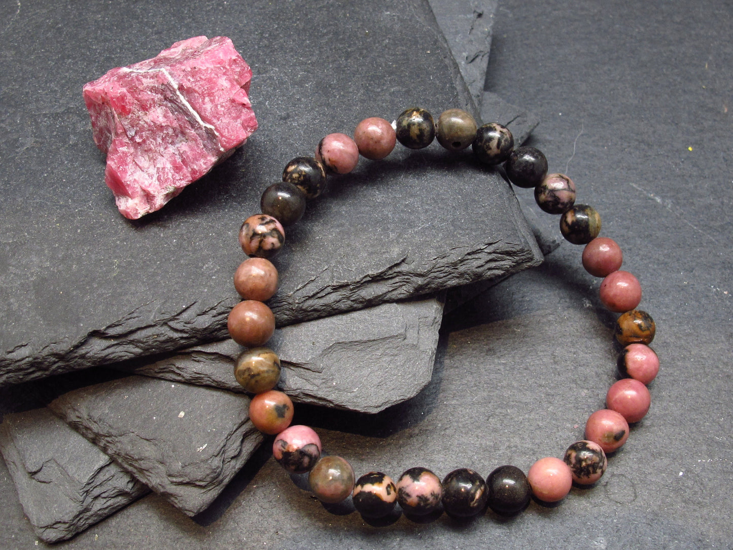 Rhodonite Genuine Bracelet ~ 7 Inches ~ 6mm Round Beads