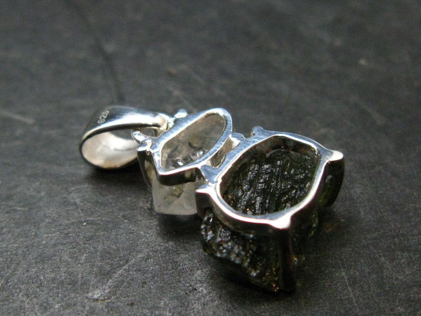Moldavite & Herkimer Diamond Silver Pendant - 0.9" - 2.11 Grams