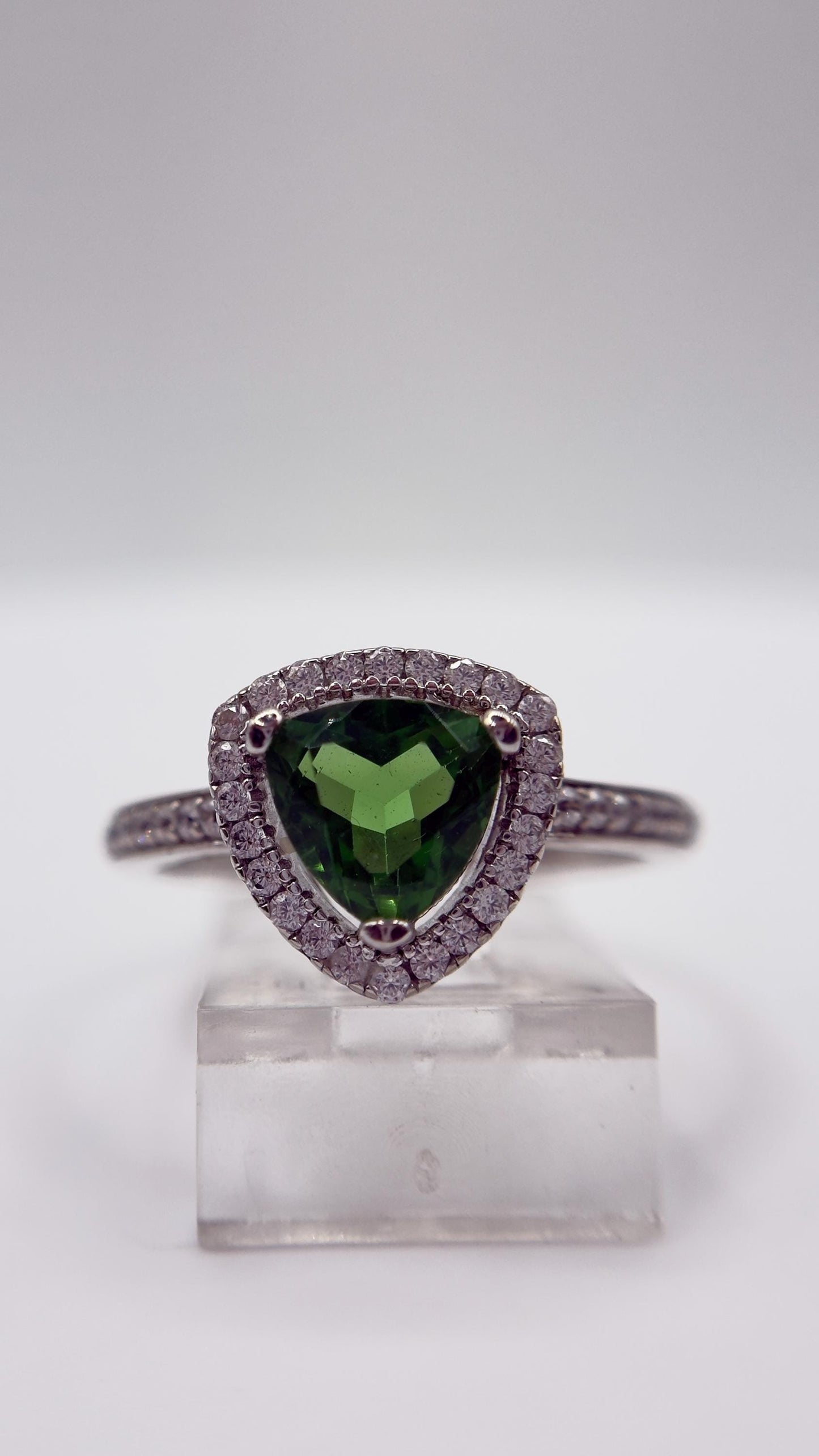 Green Helenite Trillion Halo Ring – Sterling Silver Gemstone Statement Ring