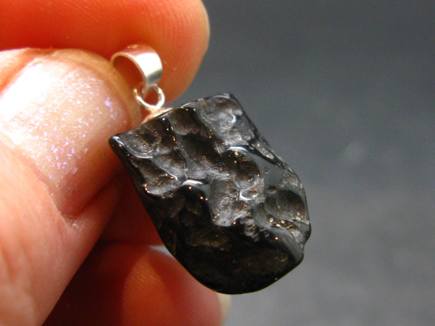Tibetan Black Tektite Silver Pendant From Tibet - 0.9" - 2.89 Grams