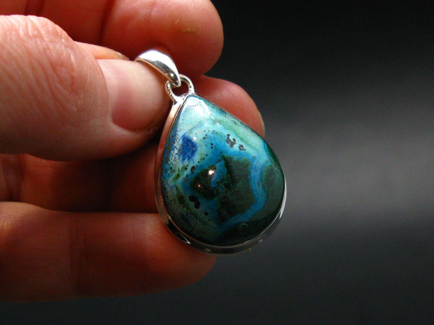 Malachite And Chrysocola Silver Plated Pendant from Congo - 1.4" - 6.18 Grams