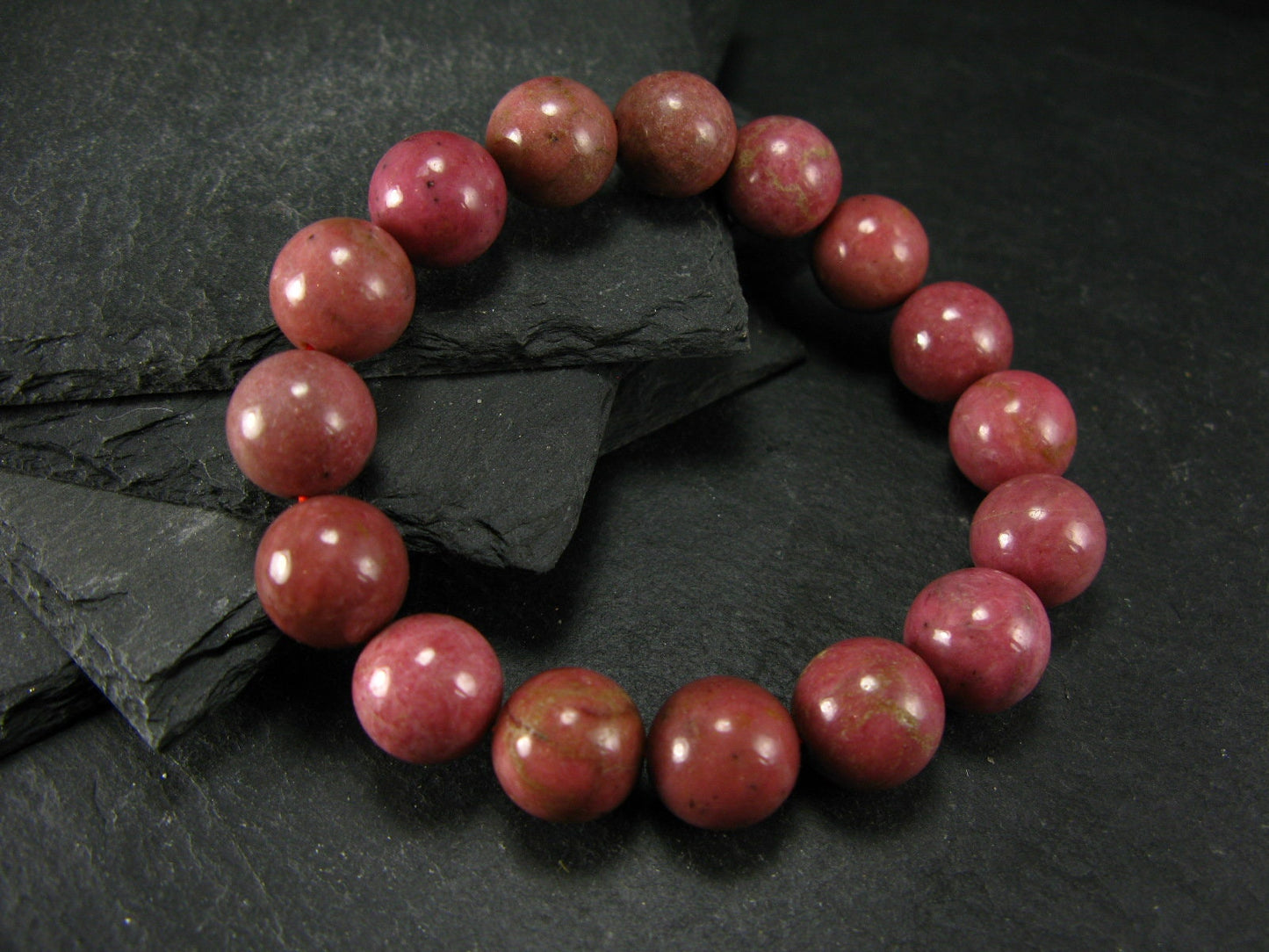Rhodonite Genuine Bracelet ~ 7 Inches ~ 12mm Round Beads