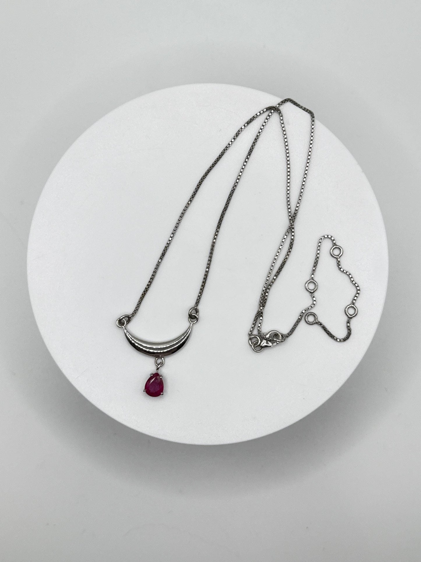 Ruby Crescent Moon Necklace | Sterling Silver | 11" Short Necklace | July Birthstone Jewelry