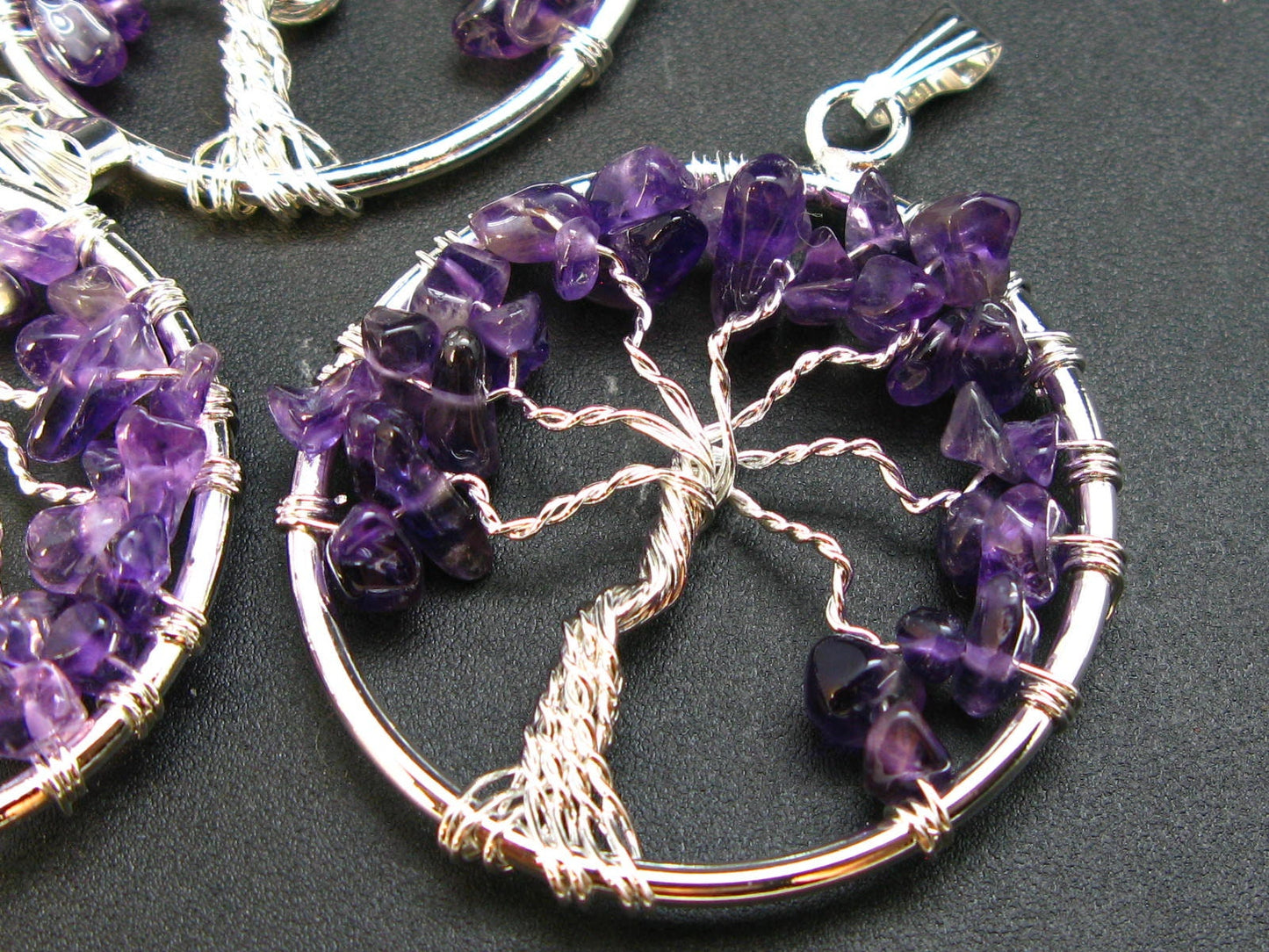 Set of Three Natural Amethyst Tree of Life Healing Necklace Pendant