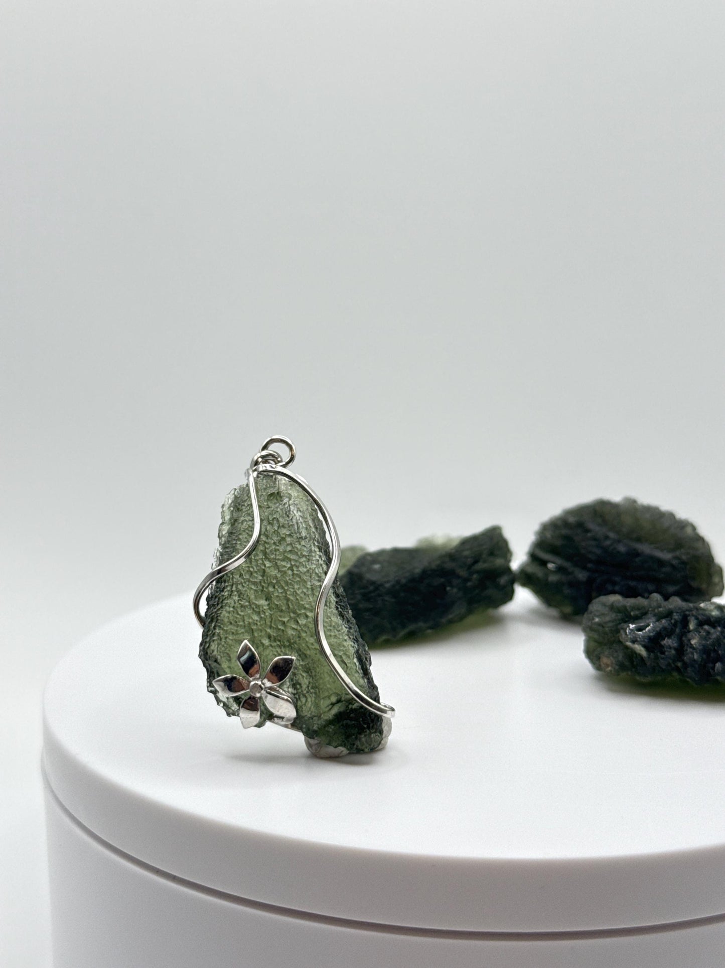 Raw Moldavite Sterling Silver Pendant – Floral Accent - 6.72 Grams