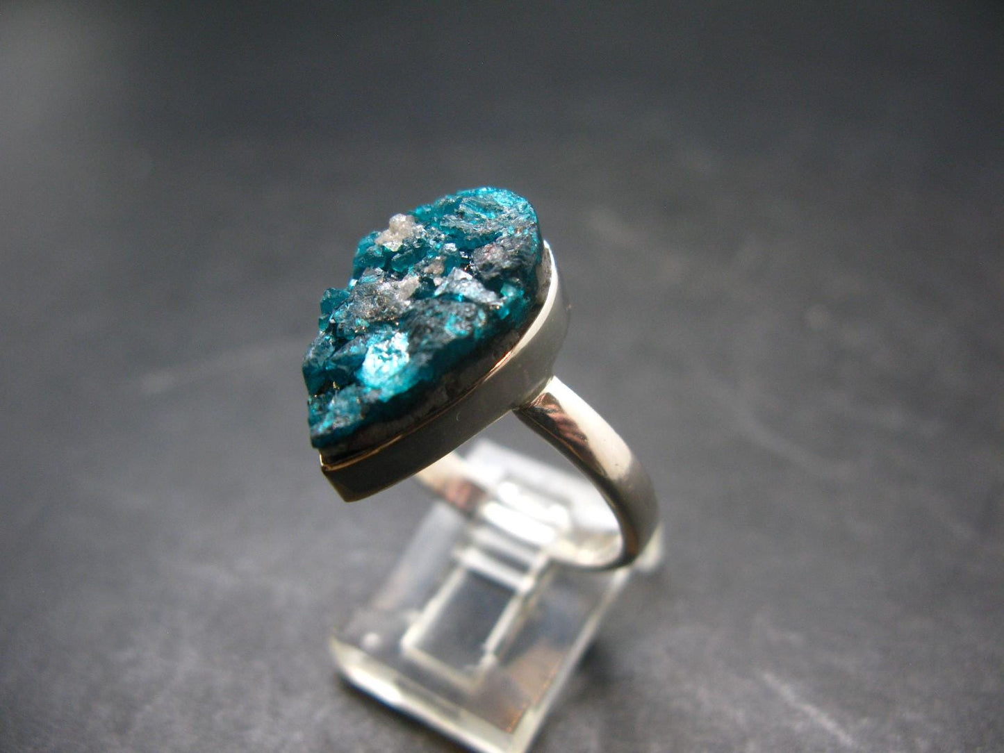 Emerald Green Dioptase Crystal Silver Ring from Congo - 5.9 Grams - Size 10
