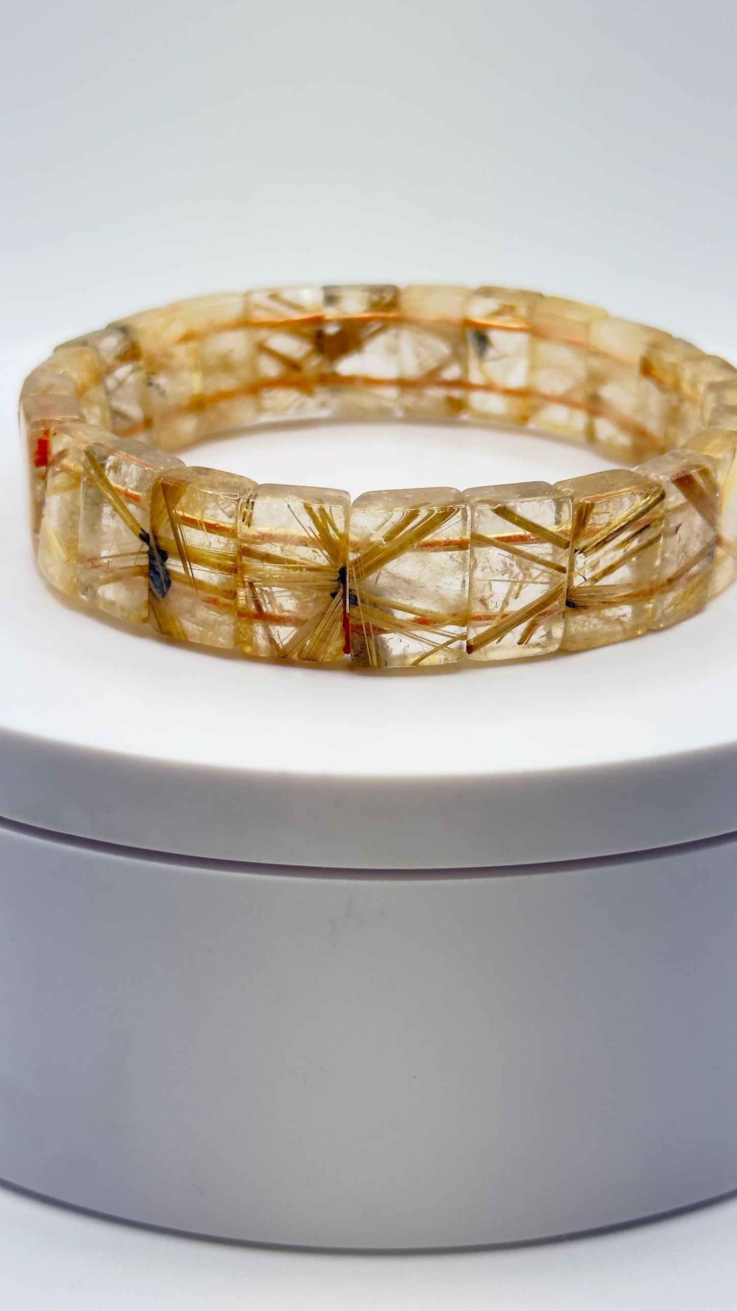 Golden Rutilated Quartz Tile Bracelet – Natural Gemstone Stretch Jewelry