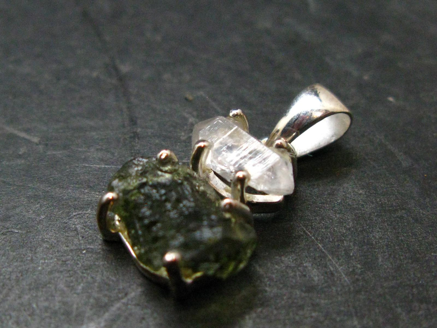 Moldavite & Herkimer Diamond Silver Pendant - 0.9" - 2.11 Grams