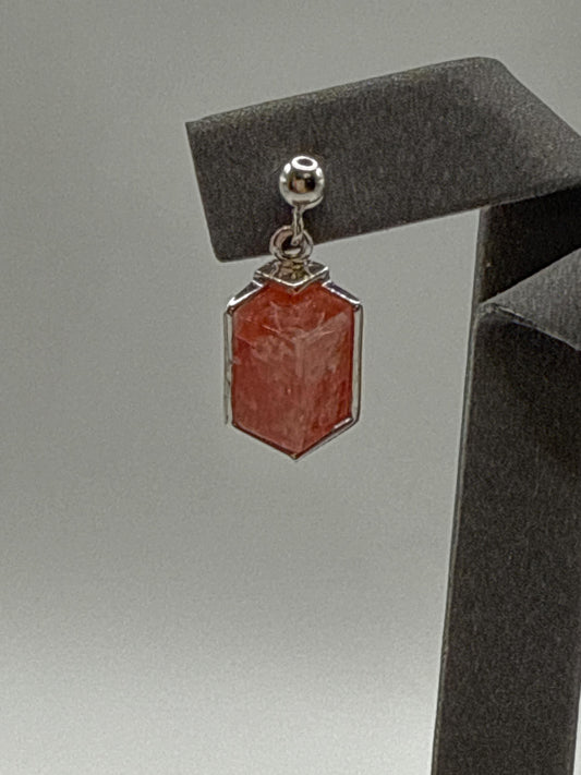 Natural Rhodochrosite Sterling Silver Drop Earrings | Pink Hexagon Crystal Earrings