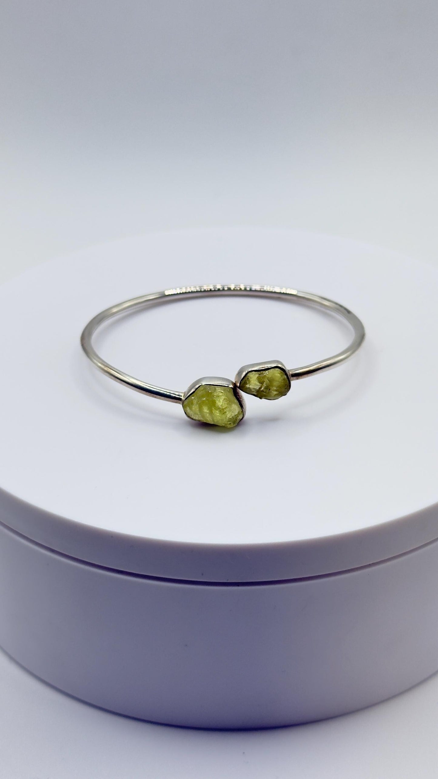 Chrysoberyl Raw Stone Bangle Bracelet Green Yellow Gemstone Open Cuff Silver Minimalist Jewelry Gift