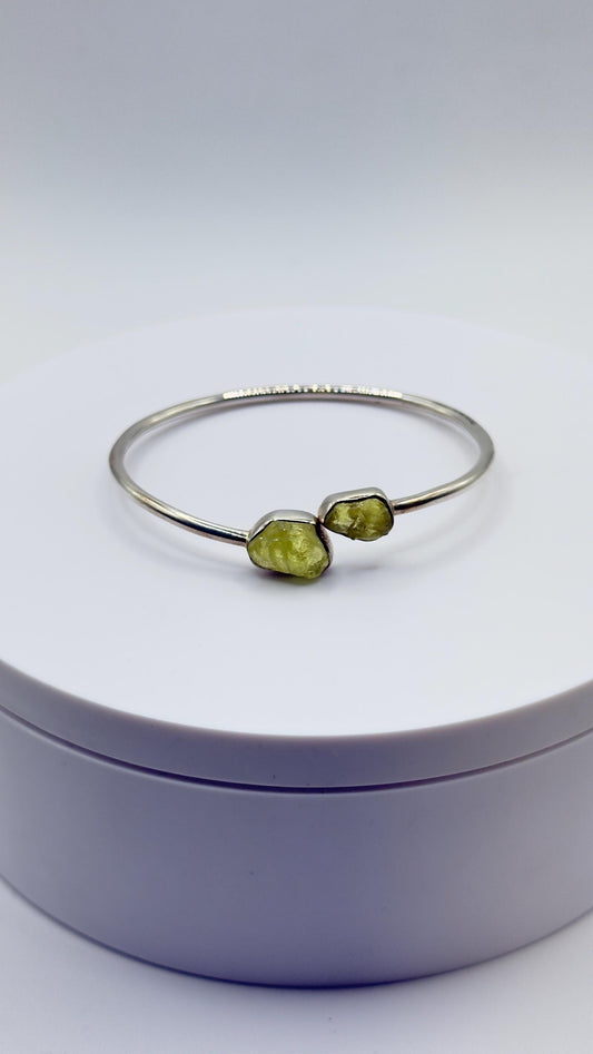 Chrysoberyl Raw Stone Bangle Bracelet Green Yellow Gemstone Open Cuff Silver Minimalist Jewelry Gift