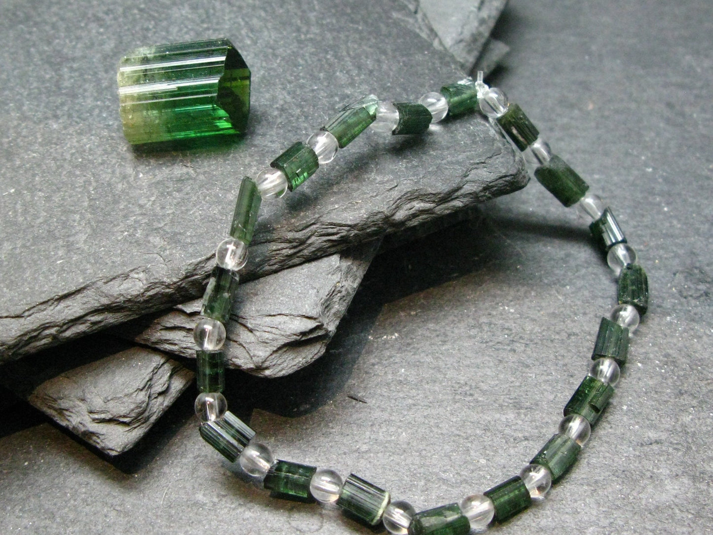 Green Tourmaline & Quartz Genuine Bracelet ~ 7 Inches ~ 5mm Crystal Beads