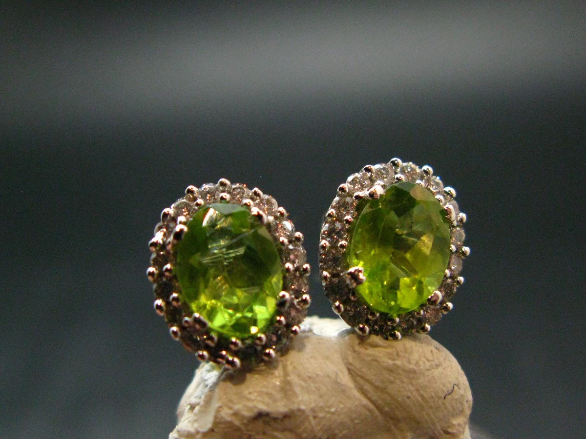 Natural Peridot (Olivine|) Stud Faceted Earrings In Sterling Silver from Pakistan - 0.7"