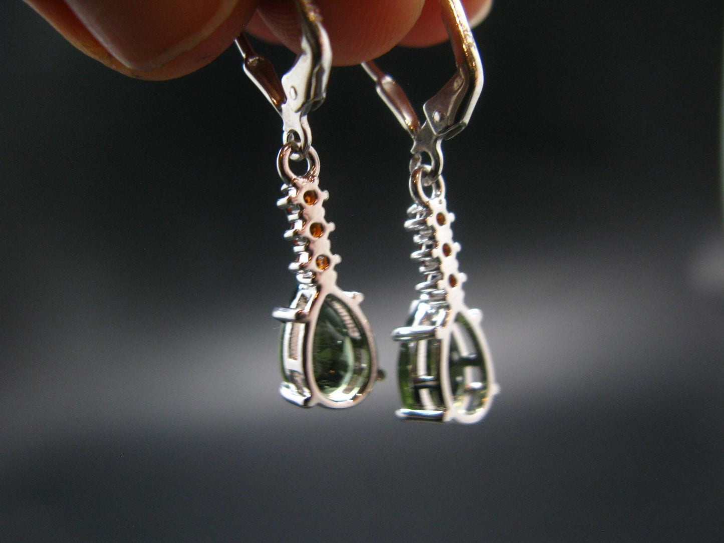 Moldavite Tektite & Red Garnet Silver Earrings from Czech Republic - 2.62 Grams